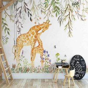 Wallpapers Custom Po Wallpaper Nordic Ins Handgeschilderde Romantische Bloemen Schattige Giraffe Kinderkamer Achtergrond Muursticker 3D-interieur