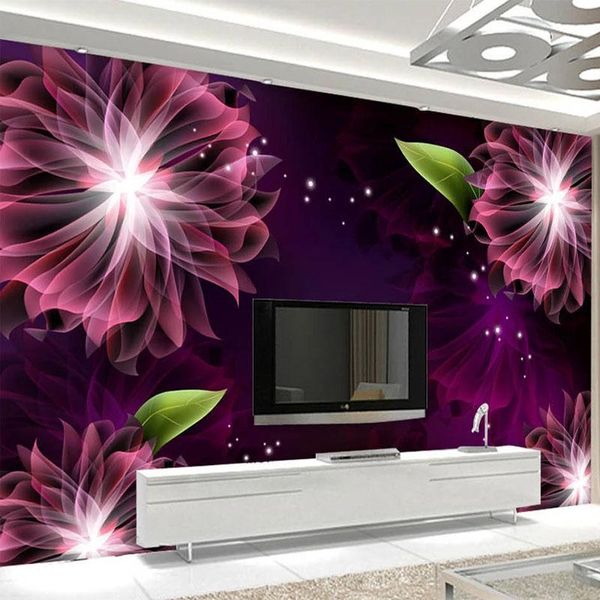Fonds d'écran Personnalisé PVC Papier Peint 3D Violet Fantaisie Fleur Art Abstrait Peintures Murales Salon TV Chambre Fresque Auto-Adhésif Étanche Autocollant