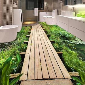 Fondos de pantalla Personalizado Autoadhesivo Piso Mural 3D Hierba Estanque Duckweed Tablón Puente Baño Dormitorio Etiqueta PVC Impermeable