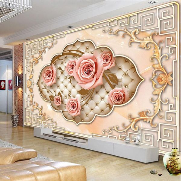 Fonds d'écran Papier peint mural auto-adhésif personnalisé 3D Sac souple Rose Fleur Salon Canapé TV Fond Peinture murale Po Papier Décor