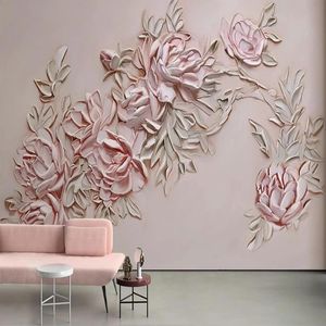 Wallpapers Custom Self Adhesive Wallpaper 3d Stereo Pink Relief Rose Flower Muurschildering woonkamer Slaapkamer Romantisch decor Creatief waterdicht