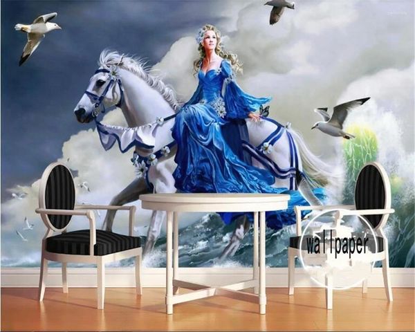 Fonds d'écran Papier peint auto-adhésif personnalisé style européen peint à la main grandes vagues équitation cheval blanc femme peintures murales 3D salon chambre