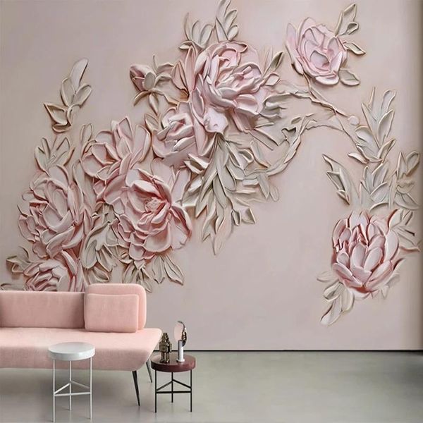 Fonds d'écran Personnalisé Auto-Adhésif Papier Peint 3D Stéréo Rose Relief Rose Fleur Murale Salon Chambre Romantique Décor Creative Étanche