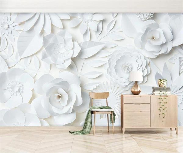 Fonds d'écran Taille personnalisée Murale 3D Papier peint Blanc Fleur en relief Peinture décorative Décoration de la maison Matériel auto-adhésif Peintures murales