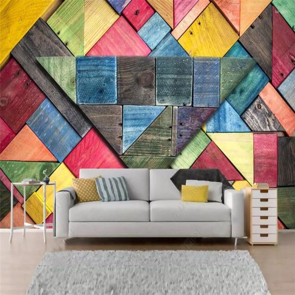 Fonds d'écran taille personnalisée rétro couleur planche de bois géométrique 3D papier peint maison décor industriel Mural KTV Bar café papier peint auto-adhésif