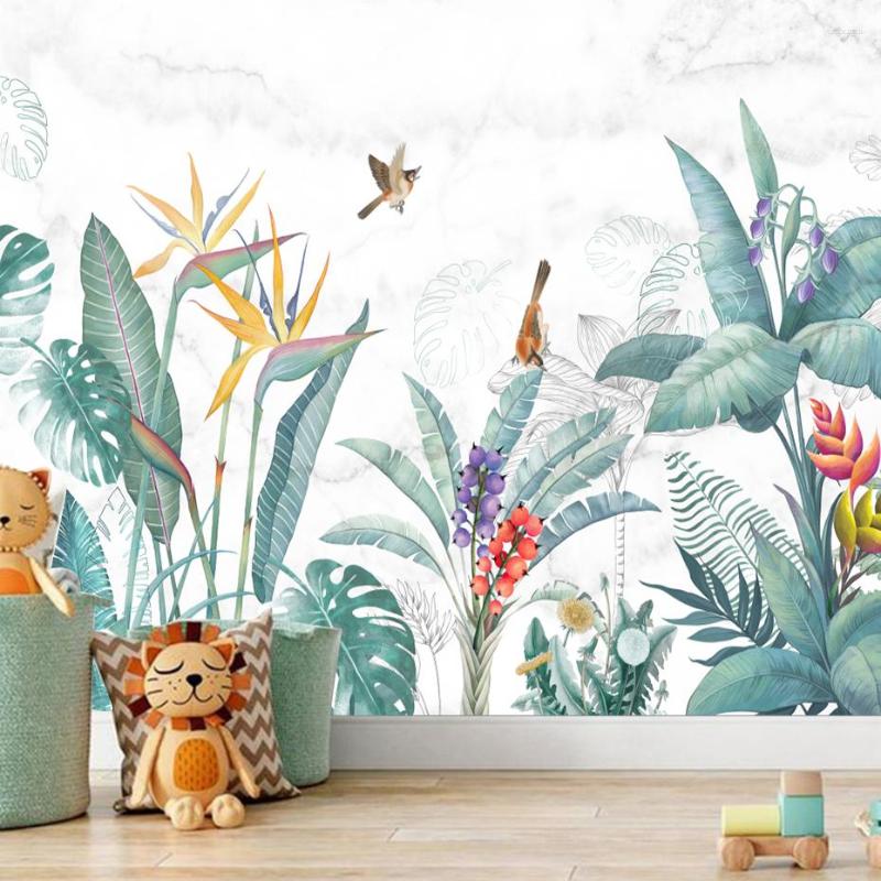 Custom Tropical Green Plants Watercolor animal wallpaper 3d Mural Stickers for Children's Room Home Decoration