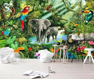 Wallpapers Aangepaste Zuidoost -Azië Tropische planten Dierlijke po muurschildering voor woonkamer tv -bank achtergrond behang aap olifant