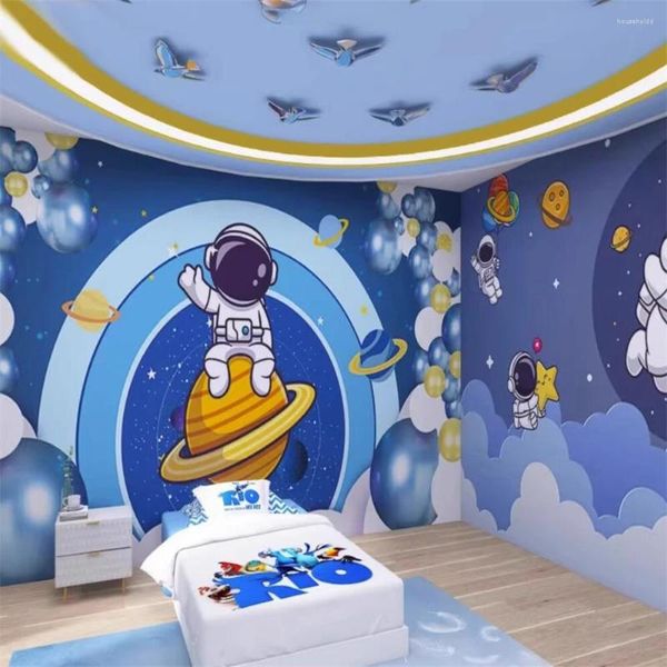 Fondos de pantalla Papel tapiz de astronauta espacial personalizado para niños, dormitorio de niñas, fresco, papel de pared de dibujos animados, habitación de niños, pegatina de fondo de cielo estrellado