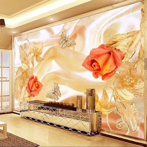 Wallpapers Aangepaste Muurschildering Behang Voor Muren Roll 3D Rose Butterfly Sieraden Waterdichte Canvas Woonkamer TV Achtergrond Po Schilderij