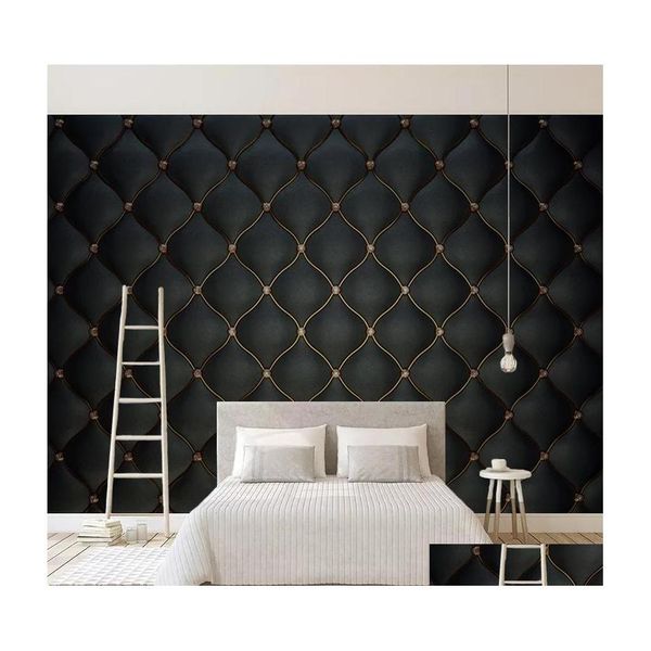 Fondos de pantalla Murales de pared personalizados 3D Negro Bolsa suave de lujo Cuero P O Papel tapiz para sala de estar Dormitorio TV Fondo Decoración para el hogar Mural DHH7Q