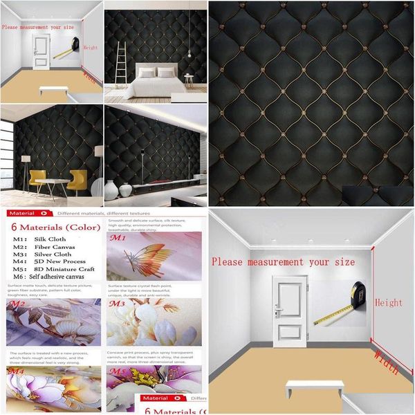 Fondos de pantalla Murales de pared personalizados 3D Negro Lujo Bolsa suave Cuero P O Papel tapiz para sala de estar Dormitorio Tv Fondo Decoración para el hogar Mural Dhwfm