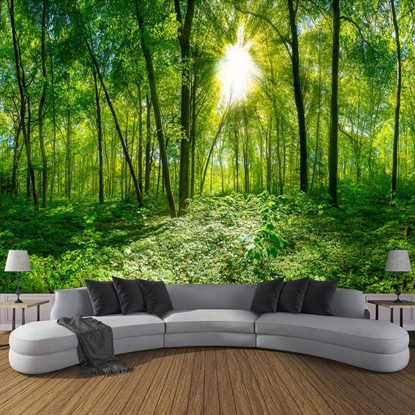 Fondos de pantalla Etiqueta de la pared personalizada Sala de estar Lona impermeable Autoadhesivo Mural Árbol verde Bosque 3D PO Papel tapiz para paredes de dormitorio
