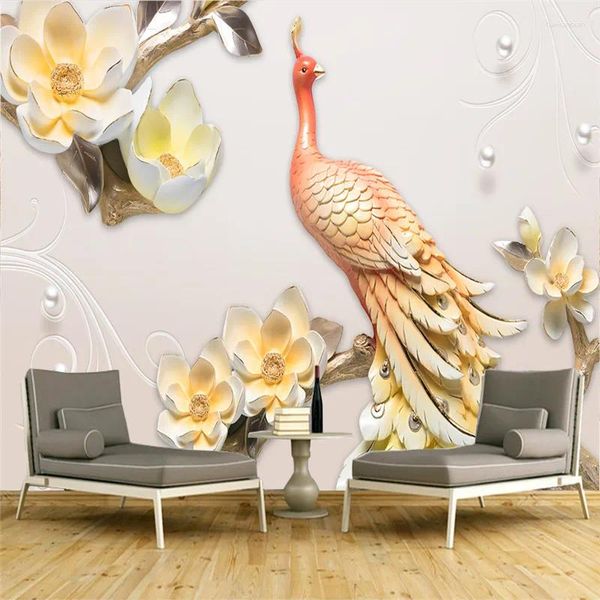 Fonds d'écran Fond d'écran personnalisé 3D Grand mur moderne minimaliste relief paon magnolia fleur fond