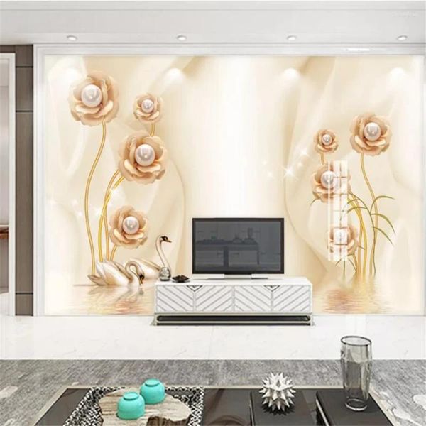 Fonds d'écran personnalisé papier peint 3d peintures murales cygne fleur eau motif bijoux TV fond papiers peints décor à la maison Papel De Parede