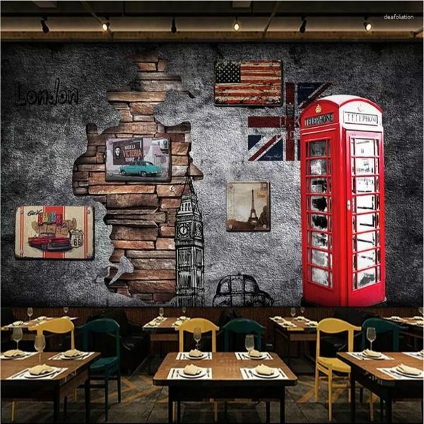 Fonds d'écran Personnalisation 3D Fond d'écran pour murs Européens et américains Rétro Nostalgique Londres Cabine téléphonique Café Restaurant Peinture