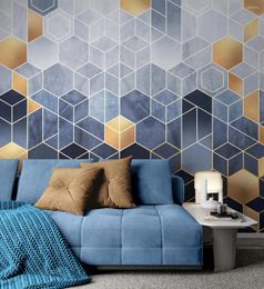 Achtergronden Aanpassen 3d Behang Geometrische Abstractie Van Zeshoeken Op Een Blauwe Achtergrond Met Goud Look Elementen Muurschildering Adhesivo