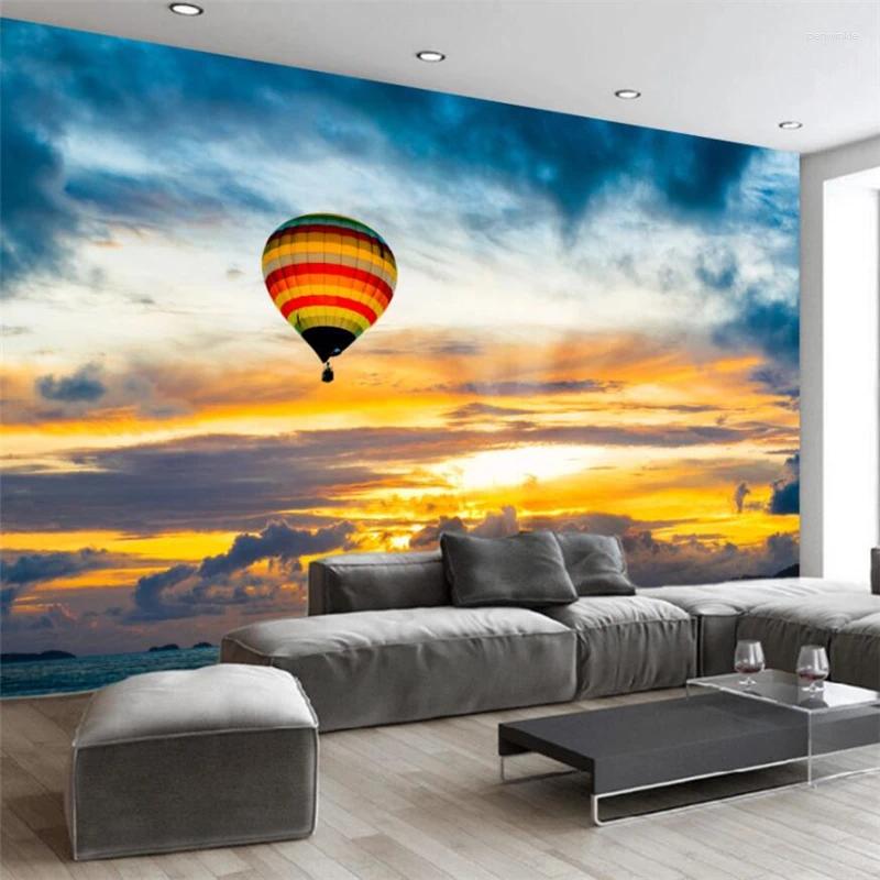 Tapety dostosowują ręcznie malowaną kreskówkę Balon Air Balon Sunset Pokój dla dzieci Ściana niestandardowa duża zielona tapeta