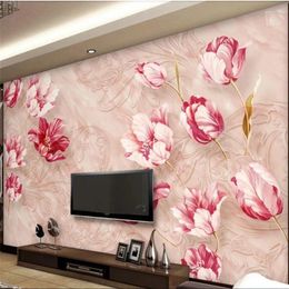 Wallpapers Aanpassen Marmeren Reliëf Bloem Tulp TV Sofa Behang Aangepaste Grote Muurschildering Groen Papel De Parede Para Quarto