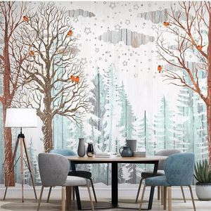 Wallpapers aanpassen Nordic Forest Woods Pine Bird Wood Grain TV Achtergrond Kinderkamer Muur Aangepaste Grote Muurschildering Groen Behang