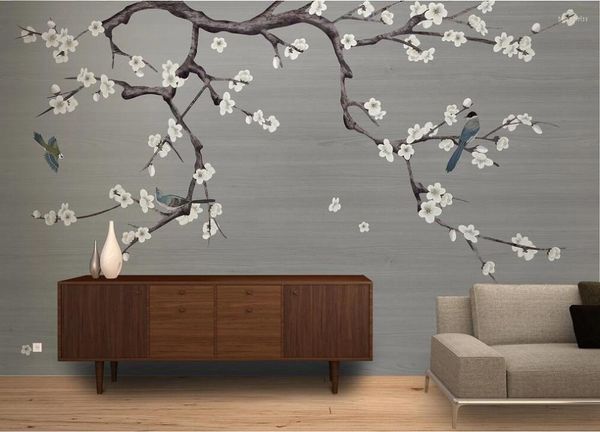 Fondos de pantalla Personalizado Gran Mural Papel tapiz Revestimiento de paredes Flores pintadas a mano y pájaros TV Dormitorio Fondo Ciruela