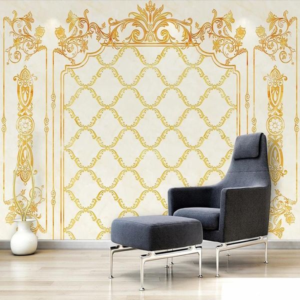 Fonds d'écran Taille personnalisée 3D Peintures murales Style européen Marbre Dentelle Courbe d'or Peinture murale Décor à la maison Salon TV Fond d'écran