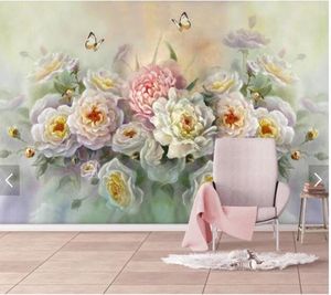 Achtergronden aangepaste vintage behang, olieverfschilderij rose bloem vlinder muurschildering gebruikt voor woonkamer slaapkamer sofa achtergrond behang