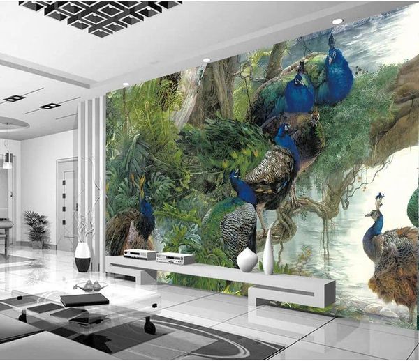 Fonds d'écran Papier peint personnalisé pour murs Forêt Paon Fresques 3D Peintures murales Décoration de la maison
