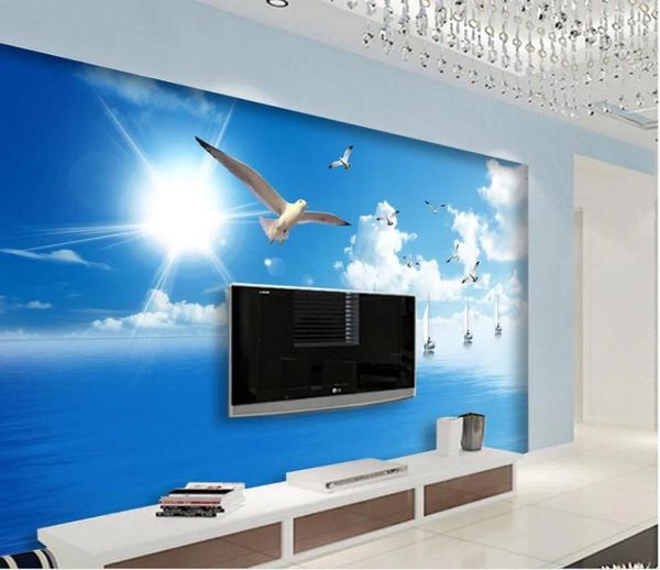Fonds d'écran Fond d'écran personnalisé pour murs Blue Sky White Sea Gull Voilier Sun Ocean View Fond Mur Po 3D