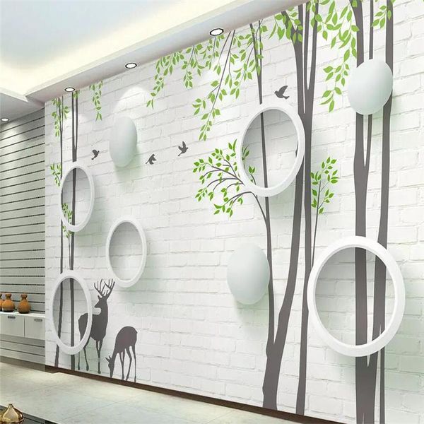 Papier Peint Décoratif 3d Simple Mur De Brique Elk Cercle Abstrait Arbre Oiseau Fond Mur