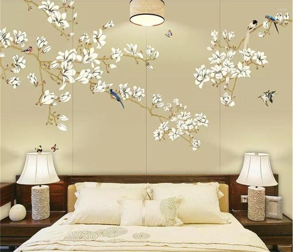Fonds d'écran Papier peint décoratif Fleurs de magnolia chinois Riche Mur de fond de fleur-oiseau peint à la main