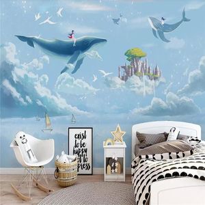 Wallpapers Decorative Wallpaper Hand-painted Watercolor Creative Sky Whale Children Room Mural Background Wall