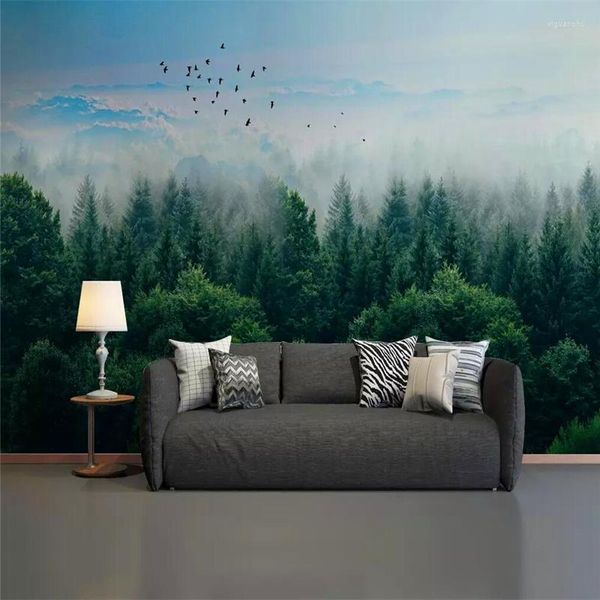 Wallpapers Decoratief behang Scandinavische minimalistische stijl Mist Forest Remote Mountain Birds Background Wall