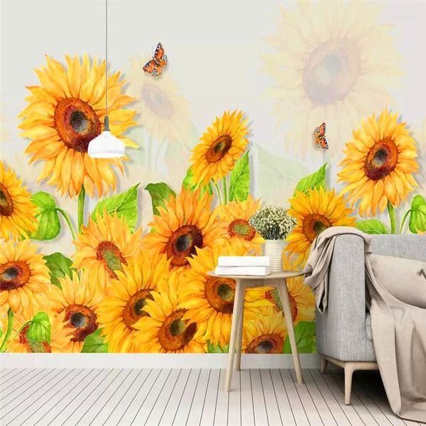 Papier peint décoratif Europe du Nord Simple petit style frais tournesol fleurs aquarelle fond mur