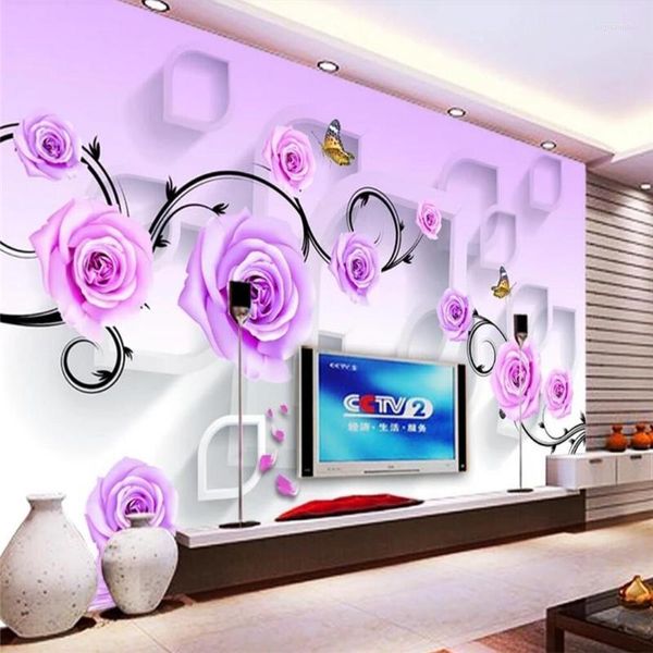 Fonds d'écran Papier peint décoratif Rose Butterfly 3D TV Fond Peinture murale