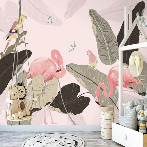 Fonds d'écran Design Texture Papier Peint Plante Tropicale Moderne Feuilles Oiseaux Roses Murale Salon Chambre Restaurant Papier Peint Pour 3D