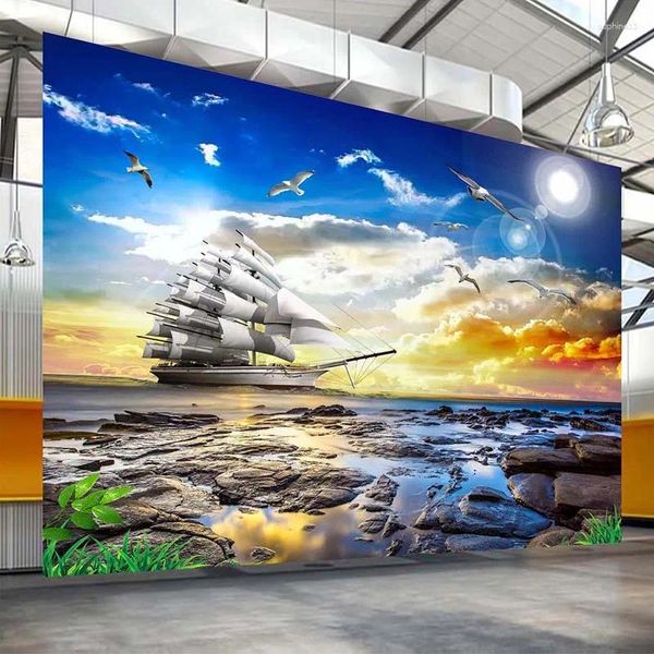 Fondos de pantalla Diantu Custom Po Papel de pared 3D Vista al mar Gaviota Velero Amanecer Paisaje Pintura Sala de estar Sofá Dormitorio Mural Papel tapiz