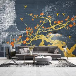 Fondos de pantalla Diantu Papel tapiz personalizado Mural Chino Línea de oro Dibujo Paisaje Ciruelo Flor País Marea Edificio TV Fondo Pared