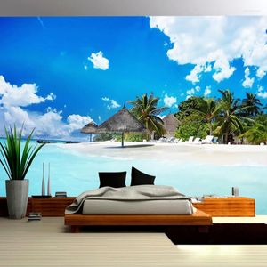 Fonds d'écran livraison directe bleu ciel blanc nuages 3D mer plage papier peint Mural pour salon chambre salle de bain étanche