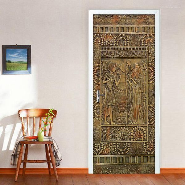Papeles pintados faraón egipcio puerta pegatinas decoración del hogar PVC impermeable autoadhesivo DIY Mural papel tapiz para sala de estar dormitorio pared póster