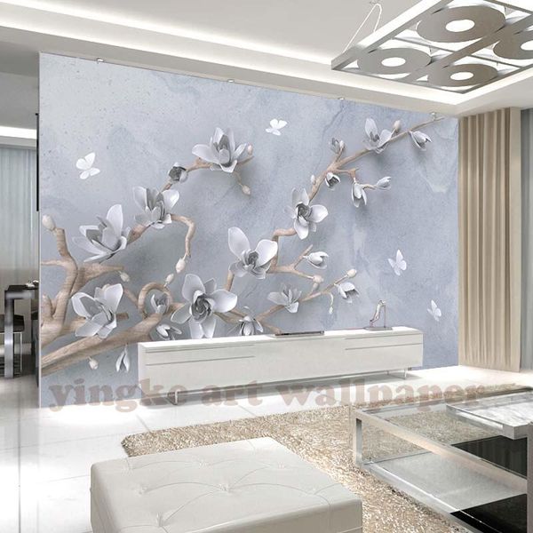 Fondos de pantalla Europa Moda 3D Estereoscópico Mangnolia Flor Mariposa Po Papel tapiz Sala de estar Hogar Decoración interior Mural de pared