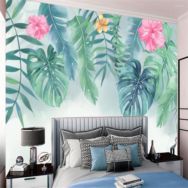 Papel tapiz europeo 3d papel tapiz hojas grandes verdes y hermosas flores decoración del hogar sala de estar dormitorio Mural