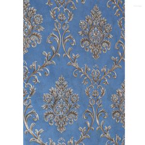 Fondos de pantalla Papel tapiz de damasco azul de lujo europeo, rollo de papel tapiz 3D en relieve, papel engrosado no tejido, decoración de pared para sala de estar y cama