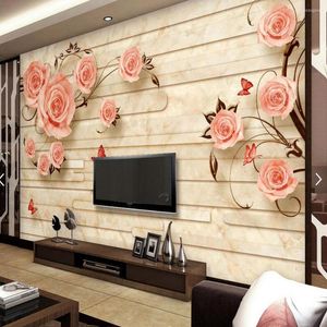 Fonds d'écran Papier de contact en marbre européen 3D Floral Po Papier peint pour TV Dosseret Papier Peint Feuillage Décoration murale Rose Fleur Muras