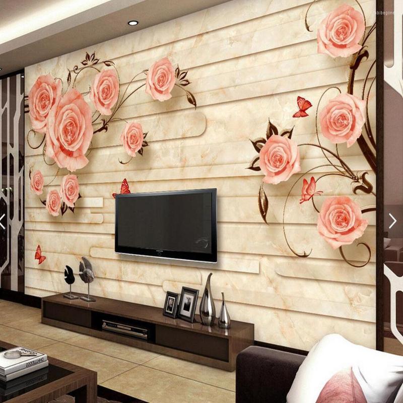Bakgrundsbilder europeiska marmorkontaktpapper 3d blommor PO tapeter för TV backsplash papier peint feuillage väggdekor rosblomma muras