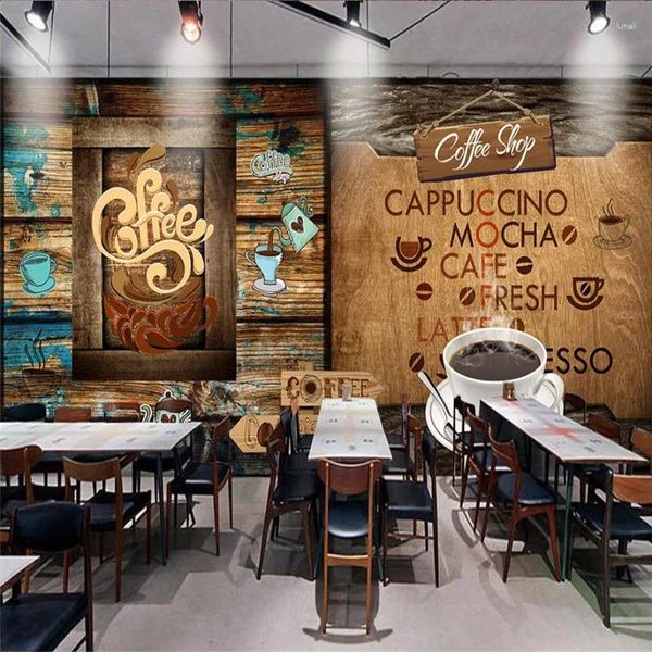 Fondos de pantalla Europeo Retro Madera Textura Cafetería Fondo Papel tapiz Mural Café Restaurante Snack Bar Decoración industrial Papel de pared 3D