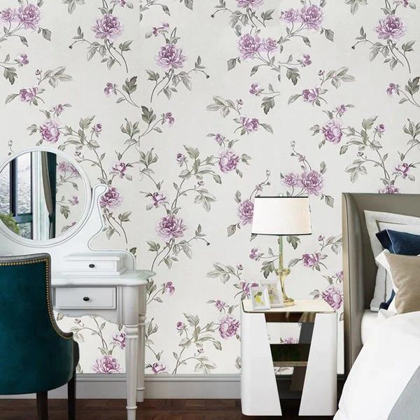 Fondos de pantalla Papel tapiz floral rural europeo Sala de estar Dormitorio Fondo Flor púrpura Hojas verdes Renovación de muebles