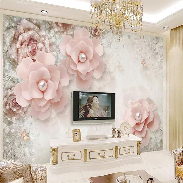 Fondos de pantalla Estilo europeo Hermoso elegante Flor de perla 3D Laege Mural Papel tapiz Sala de estar Dormitorio Fondo Tela de pared Fresco