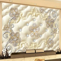 Fonds d'écran Style Européen Papier Peint Mural 3D Stéréo Doux Rouleau Perle Bijoux Fleur Fresque Salon De Luxe Décor Auto-Adhésif Autocollant