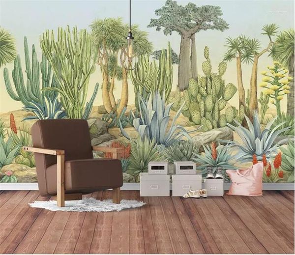 Fonds d'écran Style Européen Rétro Cactus 3D Papier Peint Mural Salon TV Canapé Étude Fond Mur Décor À La Maison Papel De Parede 3 D Paisagem