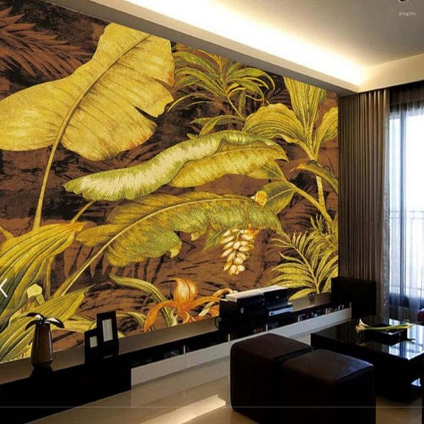 Fondos de pantalla European Vintage Tropic Tree Banana Leaf Wallpaper Mural para sala de estar TV Fondo Pared Deocative Murales 3D Pasillo